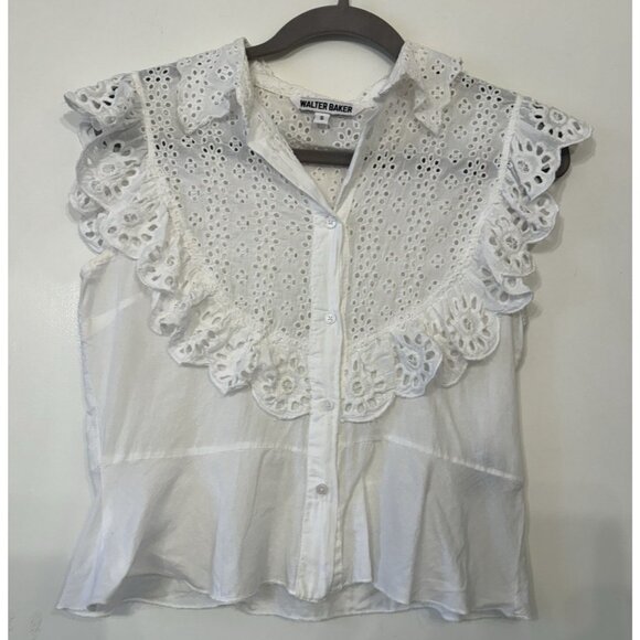 Walter Baker Eyelit flutter sleeve white Bib Collar Ruffle Shirt Small Coquette - Picture 5 of 11